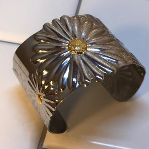 Wide Stainless Steel & Gold-Tone Sunflower Cuff Bracelet - Picture 3 of 9
